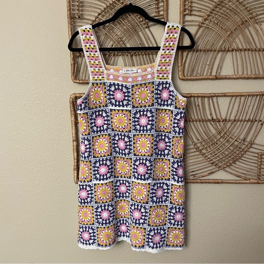 Petal Dew Multicolor Crochet Granny‎ Square Mini Dress Boho Festival Sz S/M B22